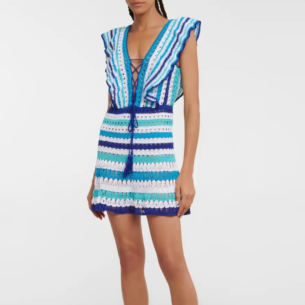 Anna Kosturvoa Crochet Blue & White Mini Dress, M